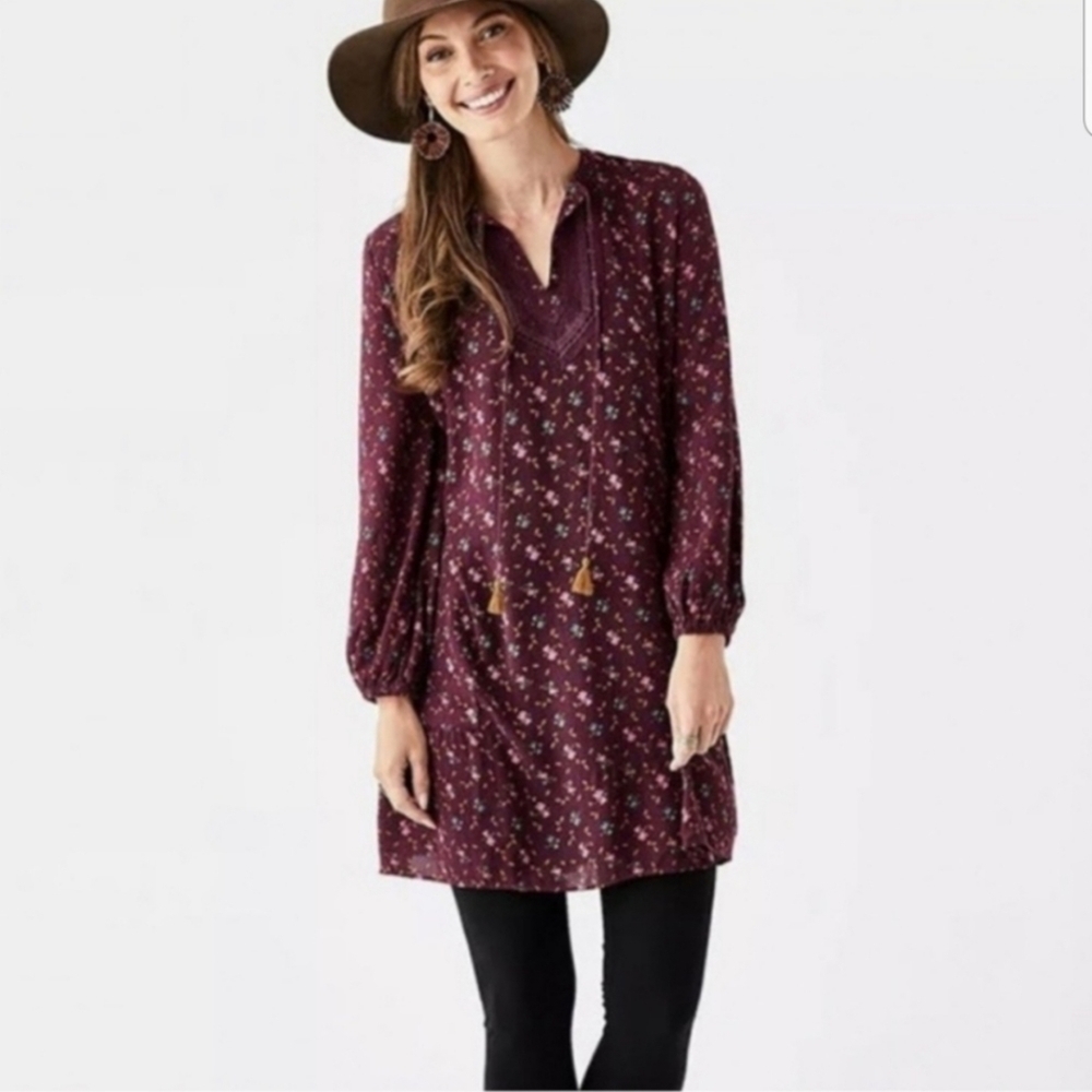 Matilda Jane Boho Burgundy Floral Tassels Mini Dress NWT